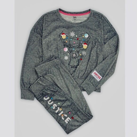 NWT Justice 3 Pcs Grey S(7-8) Long Sleeve Top, Jogger & Eyemask, Pajama Set - Picture 4 of 12